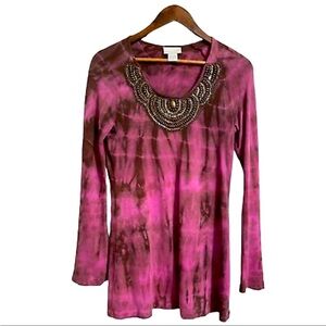 Soft Surroundings Womens Maroon Tie Dye Embellished Neck Bell Sleeve Tunic Small